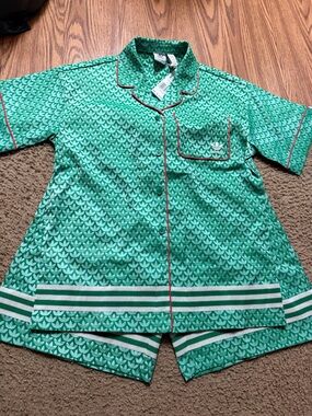 adidas Green Patterned Short Pajama Set with Red Trim